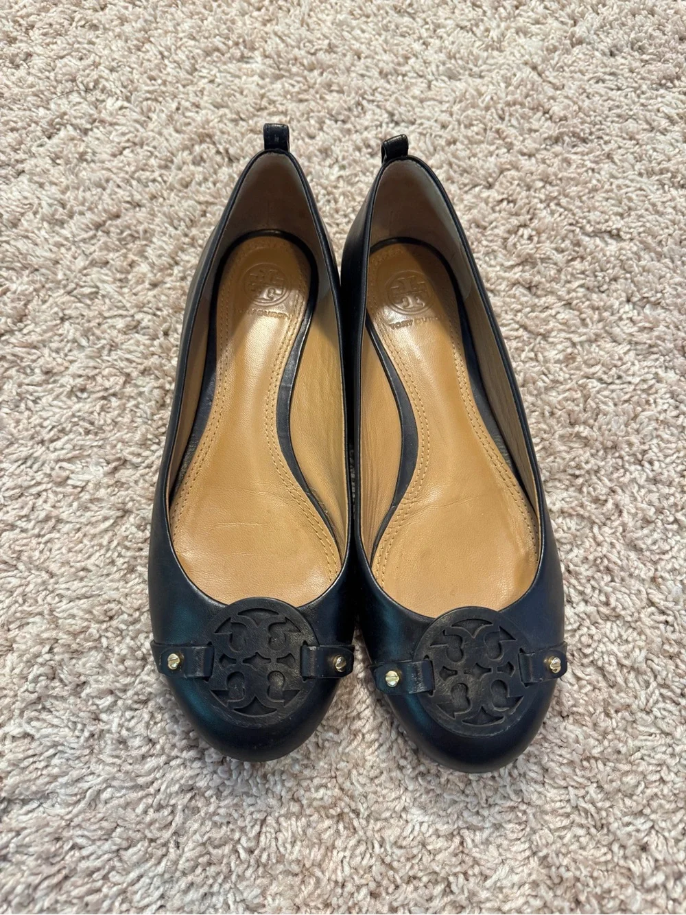 Tory Burch Black Leather Ballet Flats with Logo Medallion Size 7
